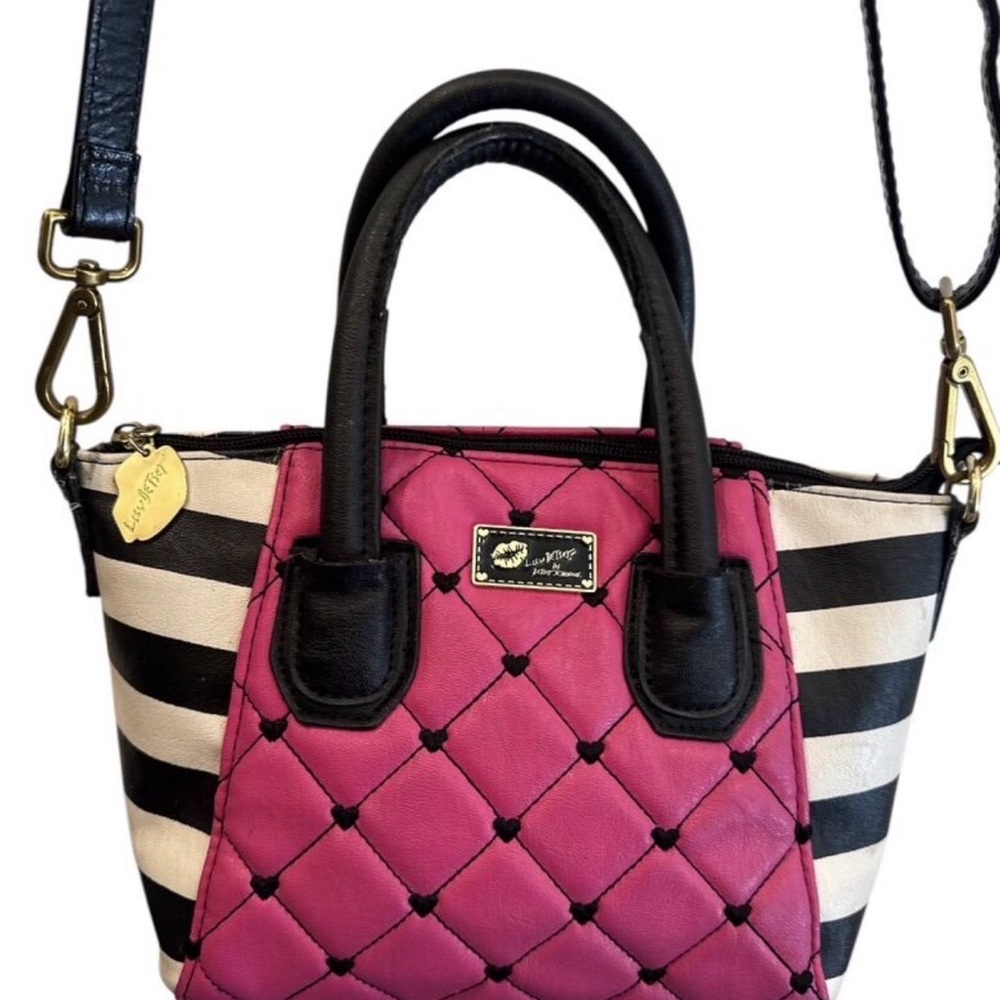 Luv Betsey Pink Quilted Satchel with Black Striped Sides